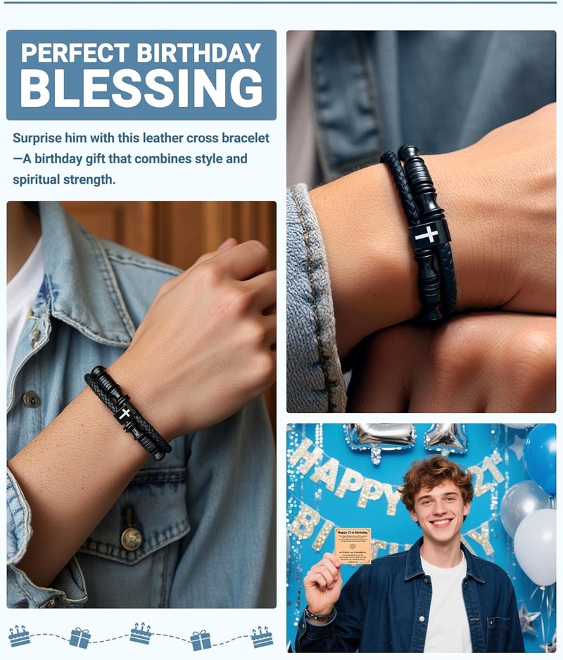 UNGENT THEM Joshua 1:9 Encouraging Christian Birthday Gifts for Boys Teens Men, Bible Verse Leather Cross Bracelet - Image 2